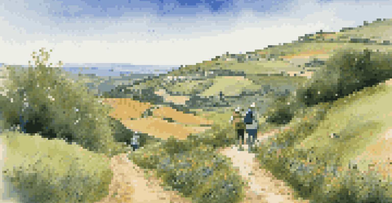 Pilgrims walking along the Camino de Santiago through green hills and colorful wildflowers, with a signpost in the foreground.
