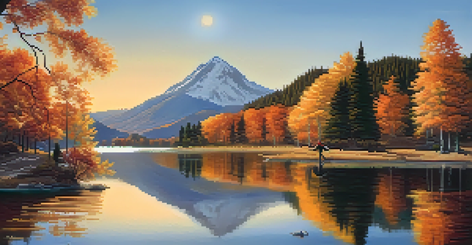 A traveler gazes at a beautiful mountain landscape during sunset, surrounded by autumn foliage and a calm lake.