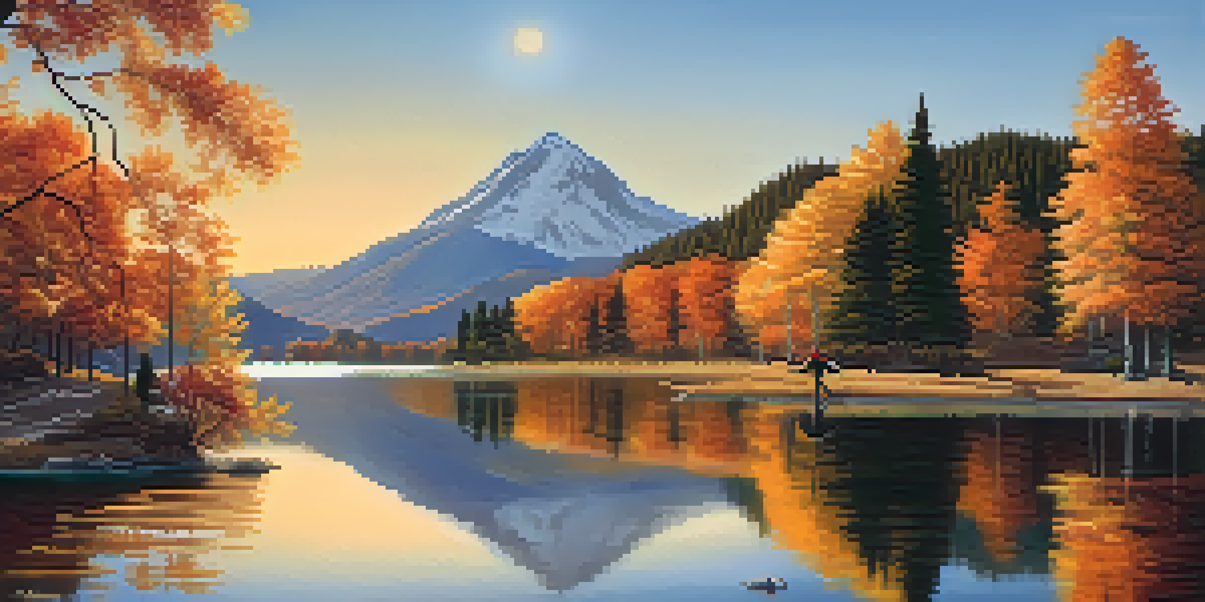 A traveler gazes at a beautiful mountain landscape during sunset, surrounded by autumn foliage and a calm lake.