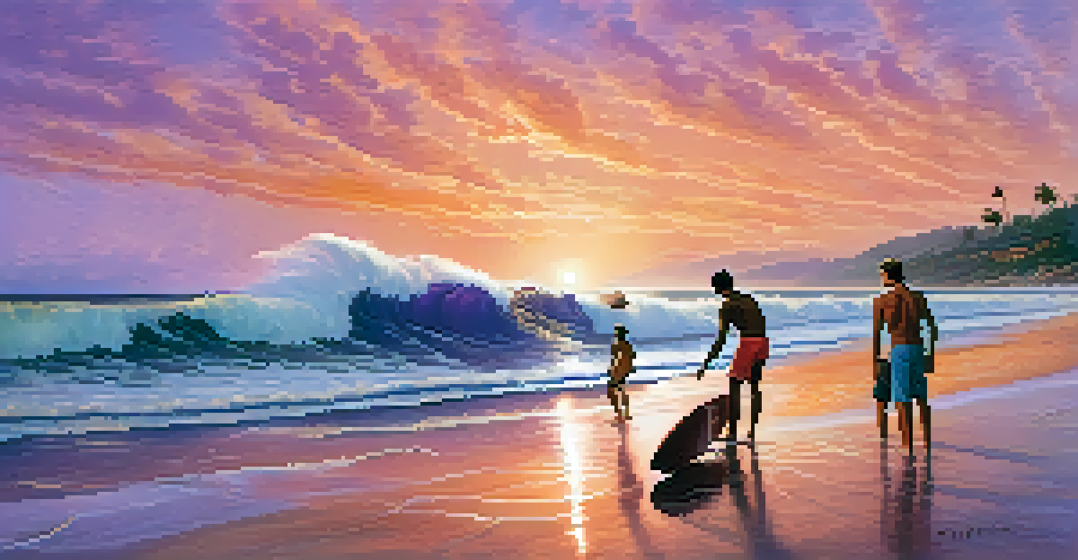 A teenage boy surfing at sunset on a beach, with friends cheering from the shore, under a colorful sky.