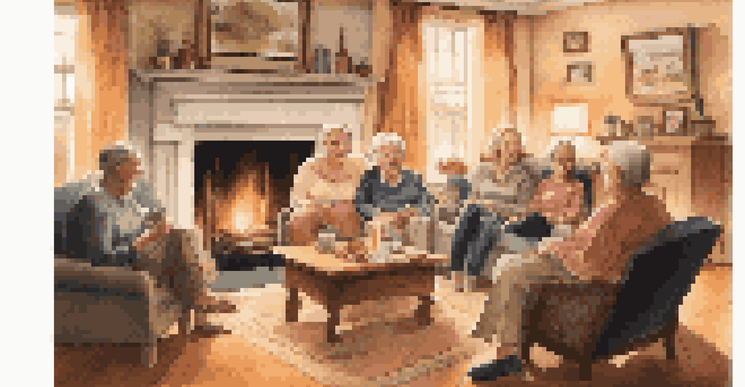 A cozy living room where family members are sharing stories, with a fireplace and photographs on the walls.