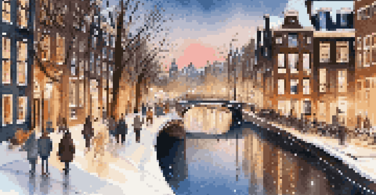 People ice skating on a frozen canal in Amsterdam, surrounded by historic buildings and festive lights.