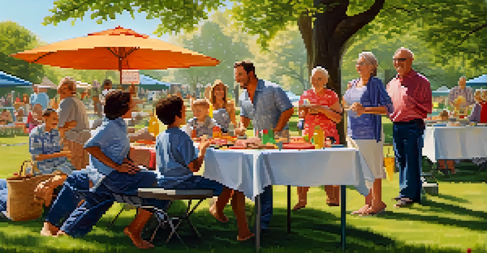 A sunny park filled with families having a picnic, playing games, and enjoying a barbecue.