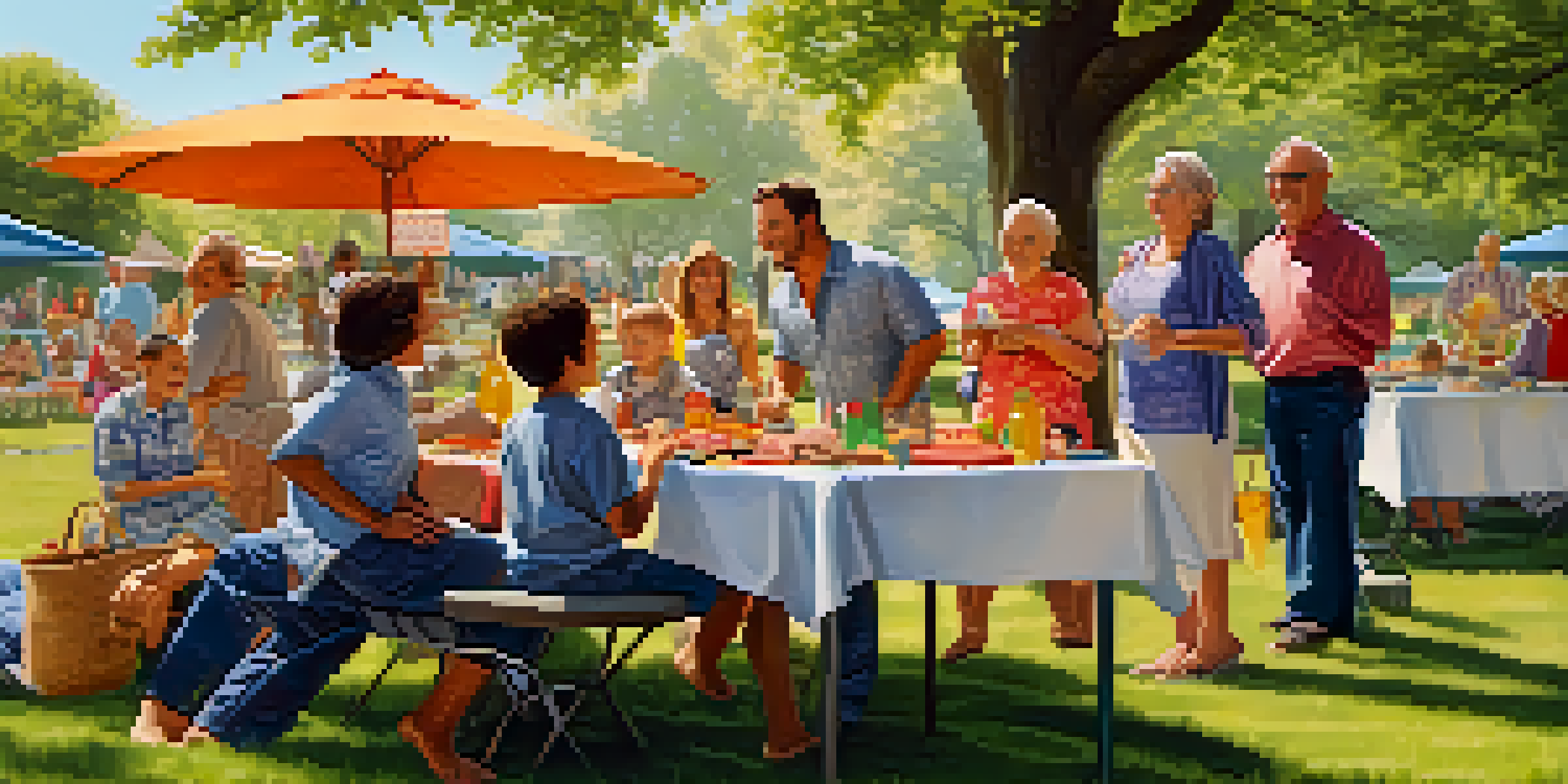 A sunny park filled with families having a picnic, playing games, and enjoying a barbecue.
