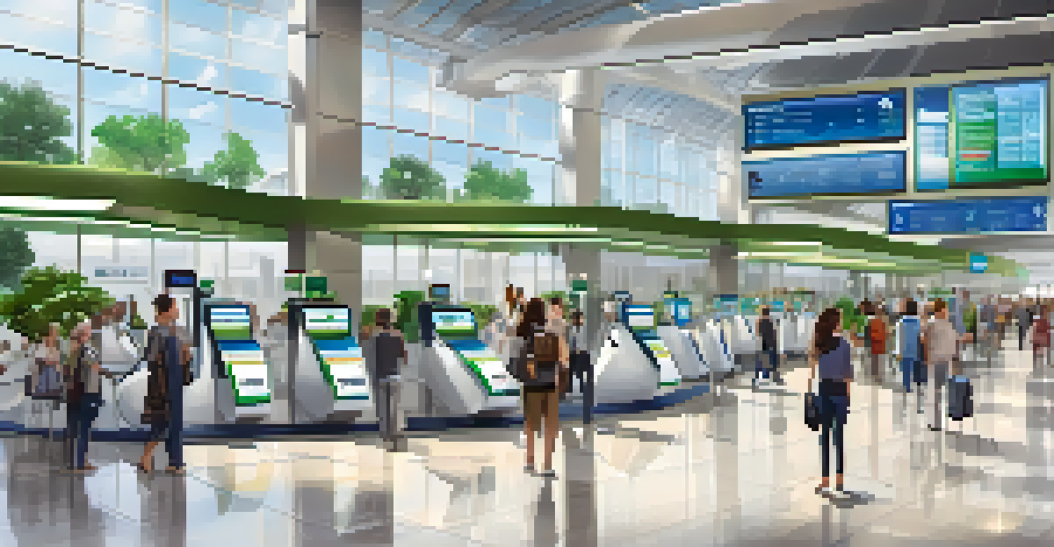 A sleek airport terminal with travelers interacting with technology like check-in kiosks and flight displays.