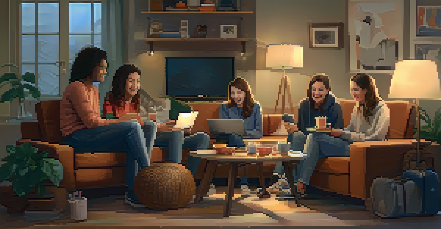 A cozy living room with teens sharing travel stories, laughing and looking at photos on a laptop, creating a warm and inviting atmosphere.