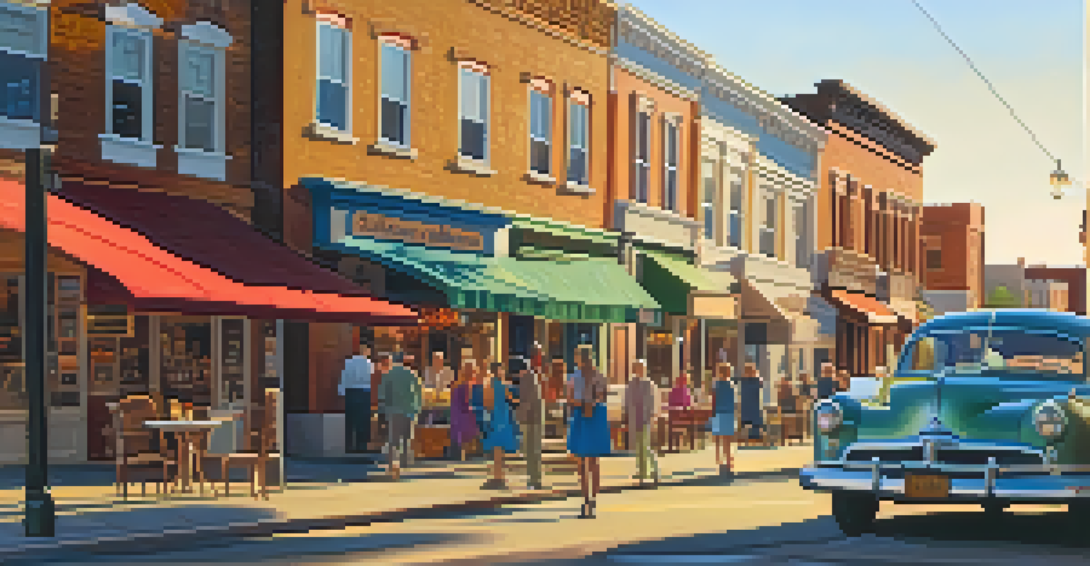 A small-town street with colorful shops and a vintage car, illuminated by late afternoon sunlight.