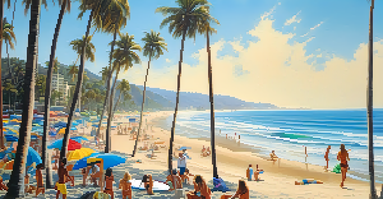 A sunny beach scene at the Gold Coast with surfers, beachgoers, and palm trees under a clear blue sky.