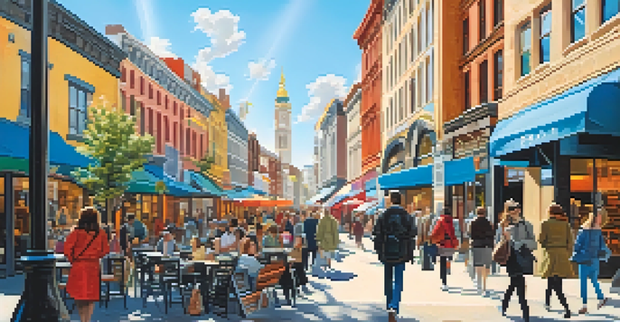 A traveler dressed in a jacket and sneakers is walking through a busy city street with colorful shops and cafes.