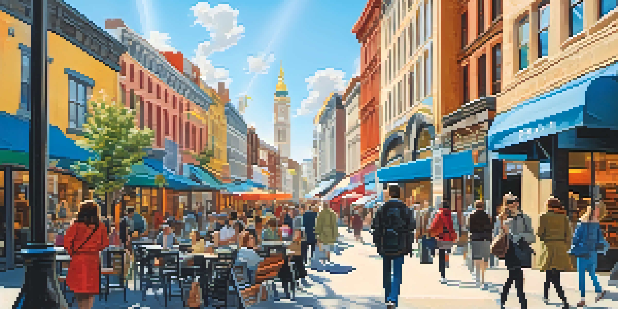 A traveler dressed in a jacket and sneakers is walking through a busy city street with colorful shops and cafes.