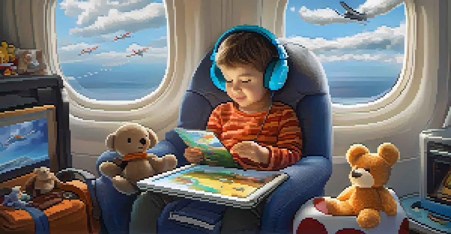 A child entertained with a tablet in an airplane cabin, surrounded by snacks and toys.