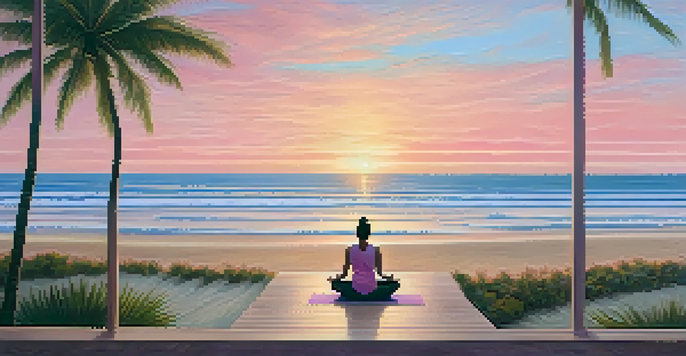 A peaceful yoga session at a beachfront wellness retreat during sunrise, with calm waves and pastel colors in the sky.