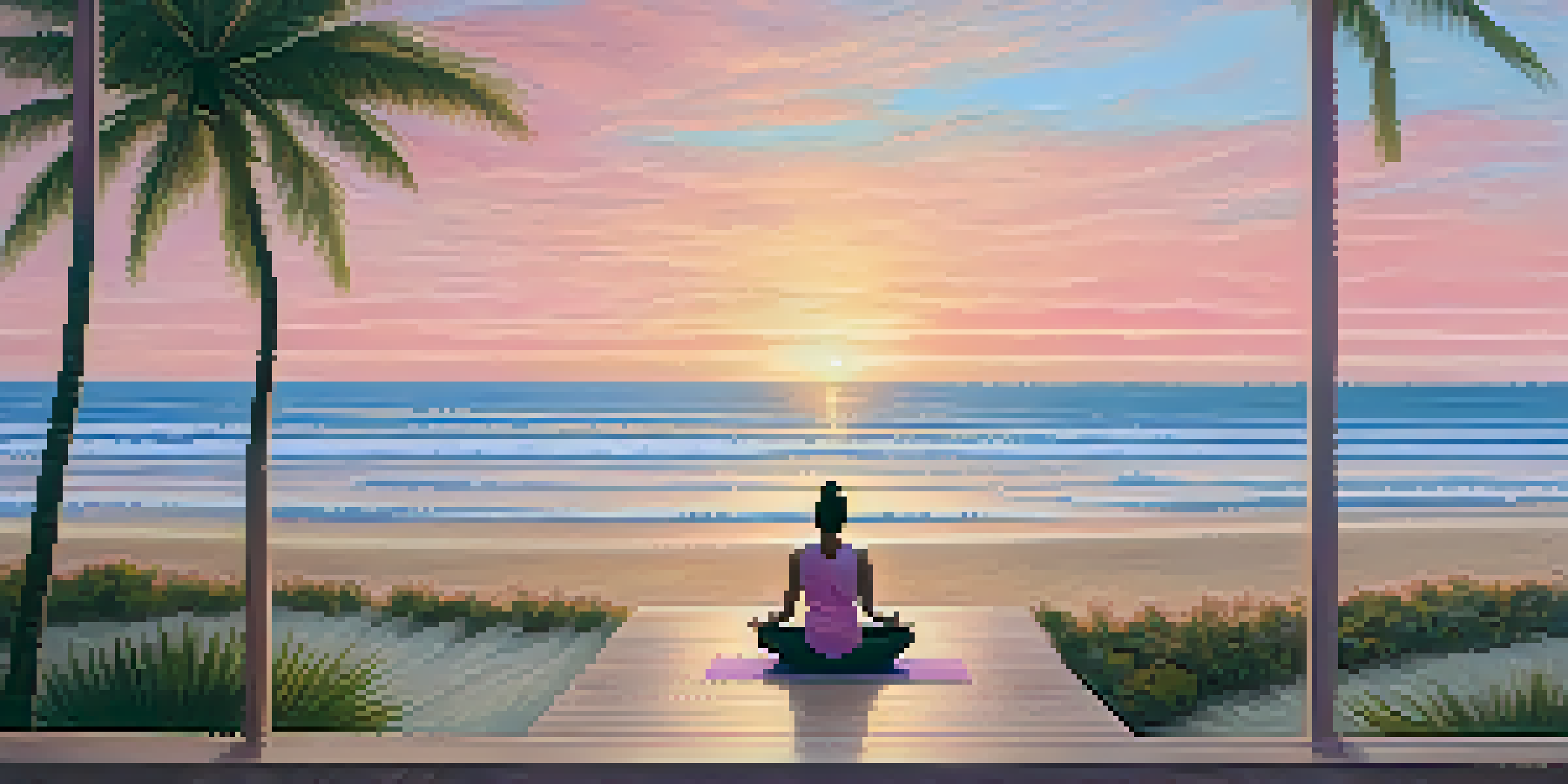 A peaceful yoga session at a beachfront wellness retreat during sunrise, with calm waves and pastel colors in the sky.