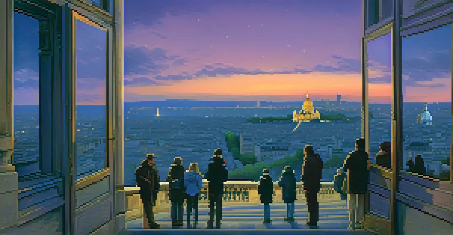 A twilight view from Sacré-Cœur Basilica steps, showcasing the illuminated city of Paris against a deepening sky filled with vibrant colors.