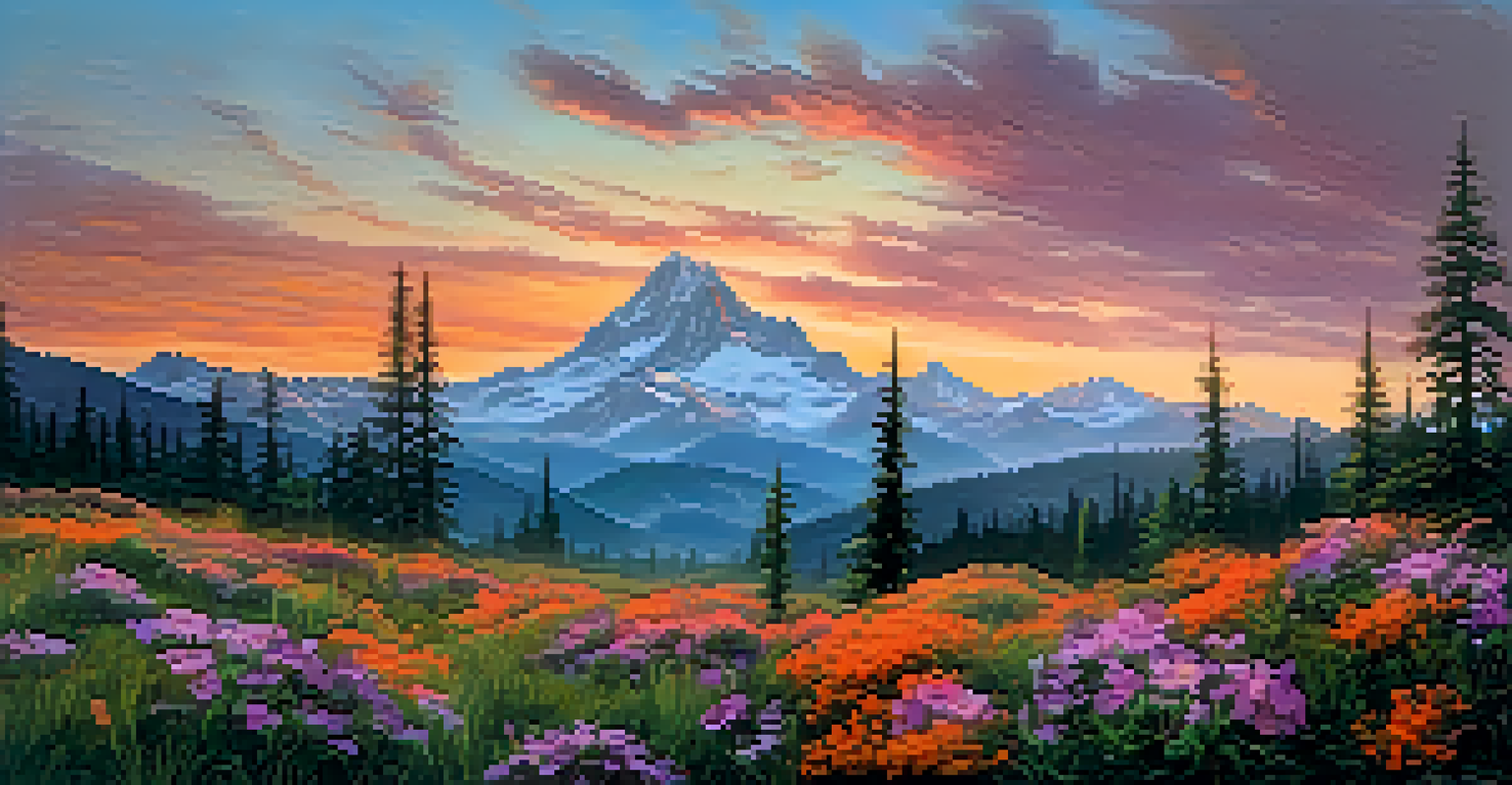 A stunning mountain landscape at sunrise with vibrant colors and blooming wildflowers in the foreground.