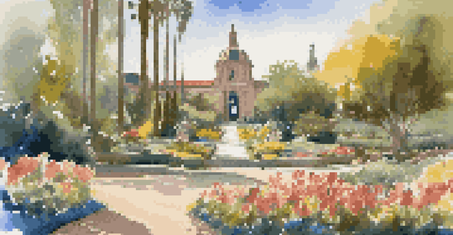 A dog walking through a vibrant garden in Balboa Park, San Diego, with colorful flowers and cultural buildings in the backdrop.