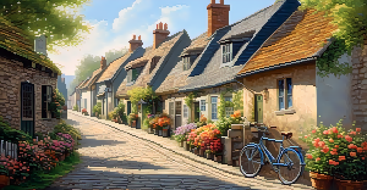 A charming village street with cottages and flowers under soft sunlight.