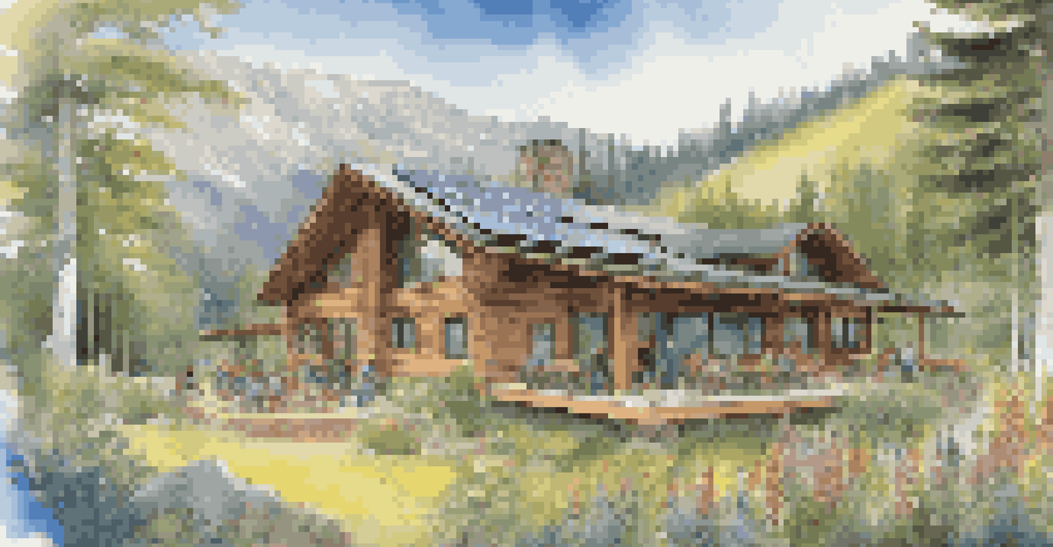 An eco-lodge in the mountains with travelers planting trees and vibrant flowers around.