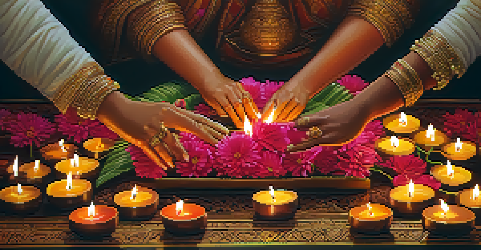 Close-up of hands placing offerings on a temple altar, surrounded by candles and flowers, showcasing a moment of devotion in a tranquil setting.