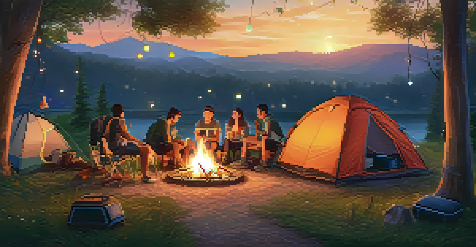 A cozy campsite with a tent, fairy lights, and a campfire, surrounded by greenery and festival-goers sharing snacks.