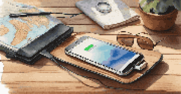 A portable phone charger on a wooden table, surrounded by travel items like a passport and sunglasses, illuminated by soft natural light.