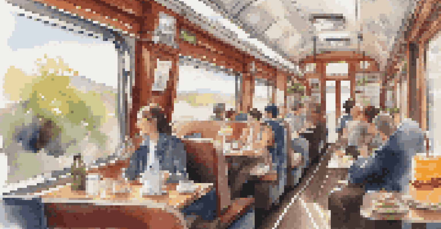 A cozy café car on a modern train with passengers enjoying snacks and coffee, bright interior, and scenic views through large windows.