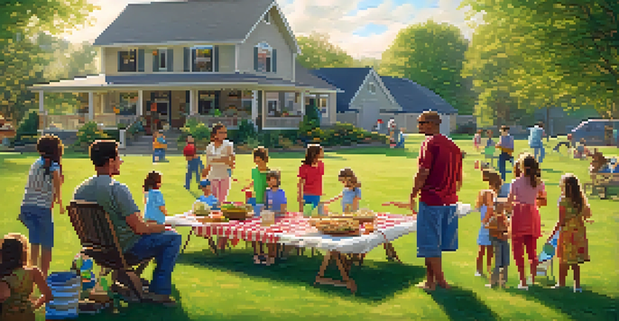 A family gathering in a backyard, featuring children playing games and adults preparing food at a picnic table.