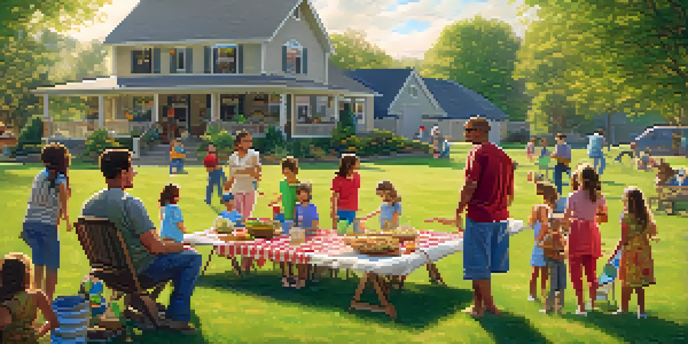 A family gathering in a backyard, featuring children playing games and adults preparing food at a picnic table.
