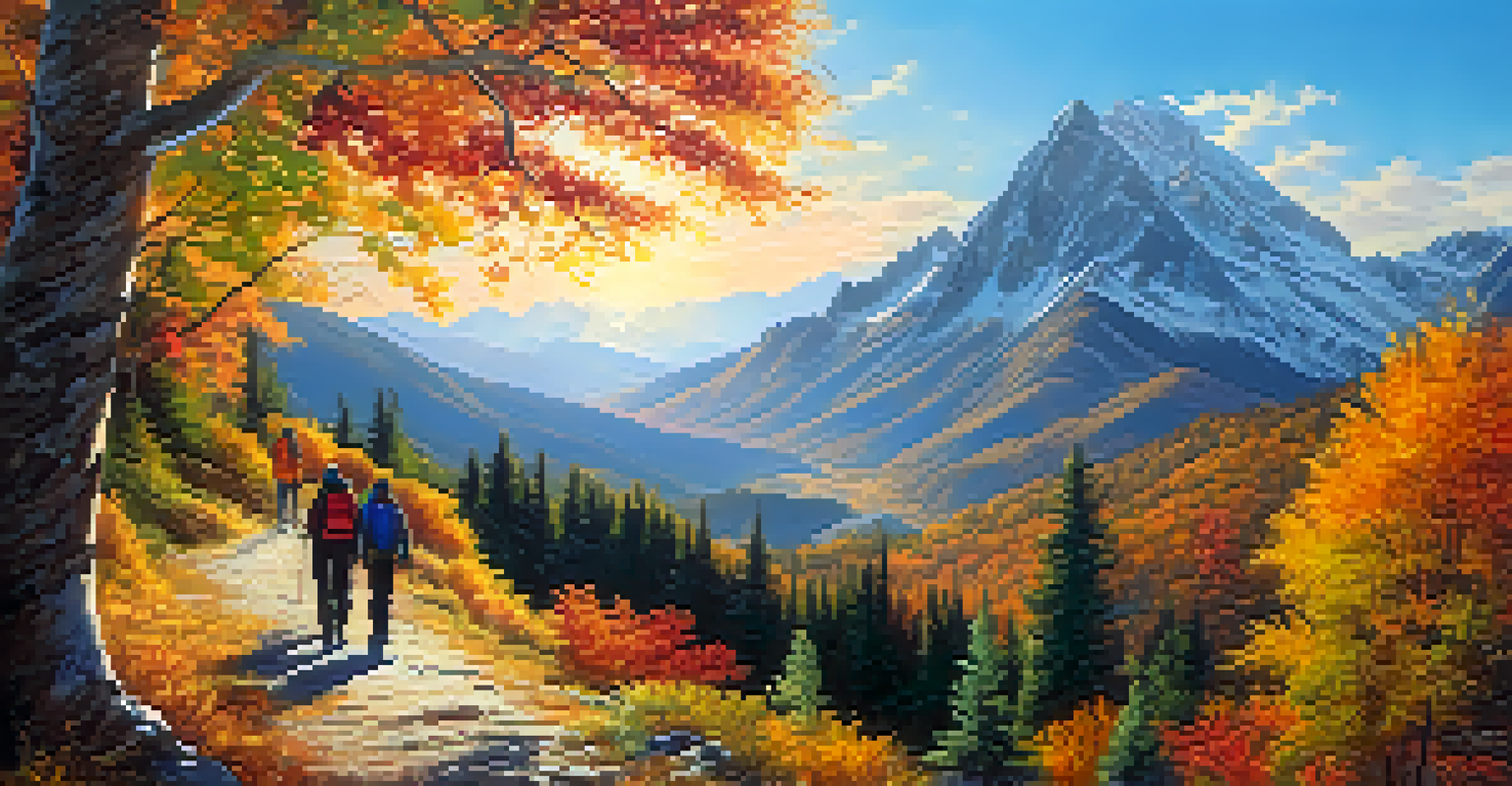 Hikers on a winding trail in the mountains surrounded by colorful autumn foliage and majestic peaks.