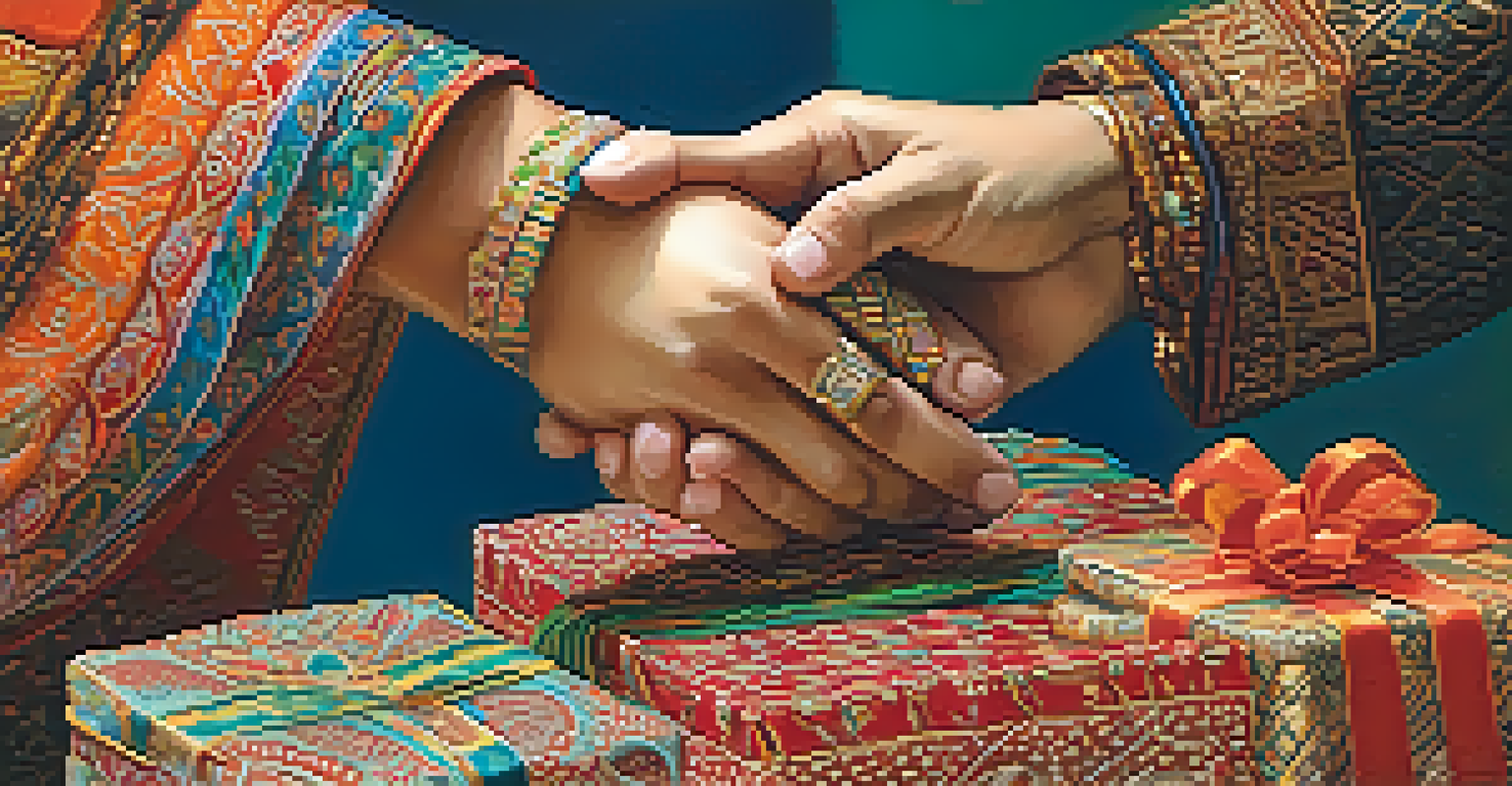 A close-up of hands exchanging a beautifully wrapped traditional gift, highlighting cultural gestures.