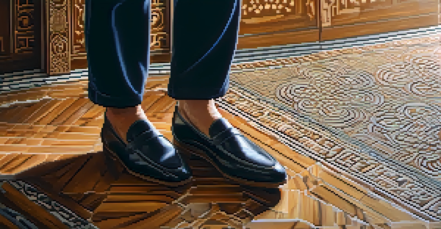 A visitor removing shoes before entering a sacred space, highlighting the intricate flooring.