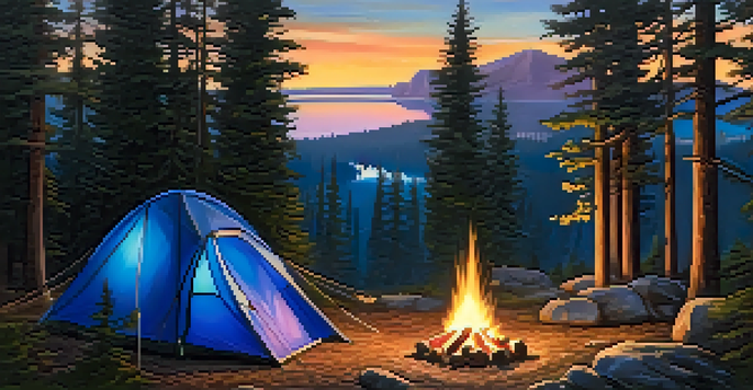 A camping scene with a lit tent surrounded by pine trees and a campfire under a starry sky.