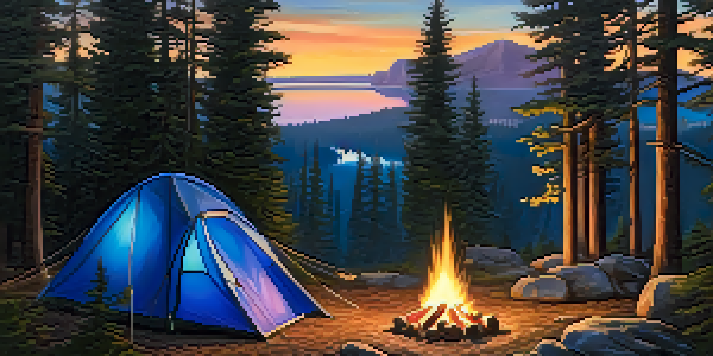 A camping scene with a lit tent surrounded by pine trees and a campfire under a starry sky.