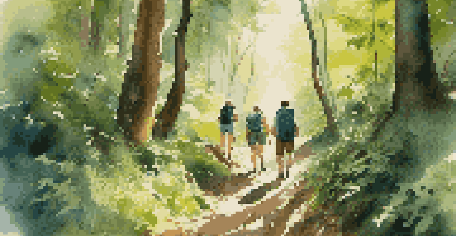A group of hikers walking through a vibrant green forest, with sunlight filtering through the trees.