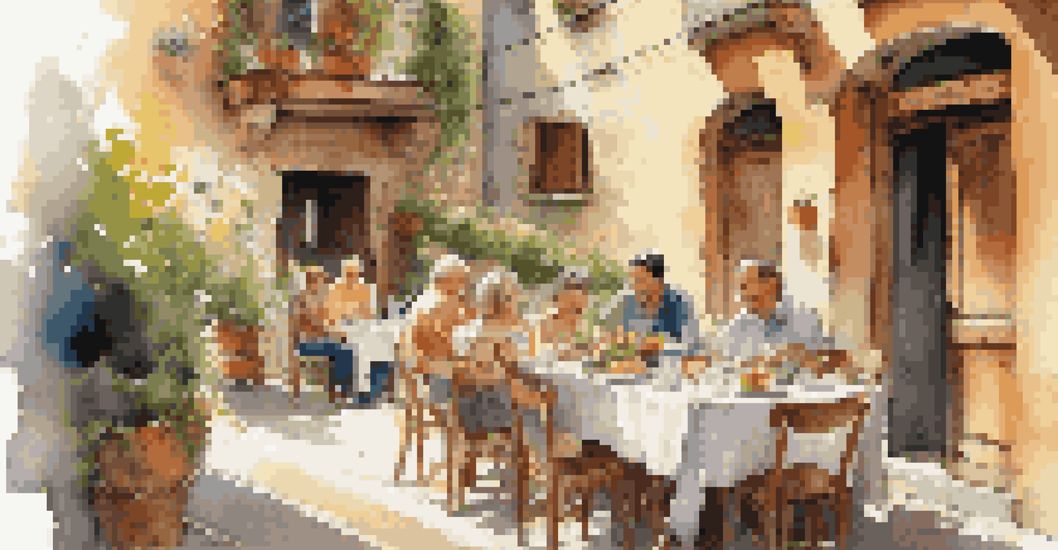 A lively outdoor café in Italy with a family enjoying a meal together under warm sunlight.
