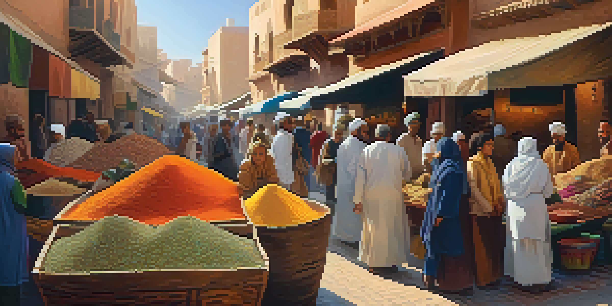 A lively Moroccan market filled with colorful spices and textiles, where vendors and customers greet each other warmly under soft golden sunlight.