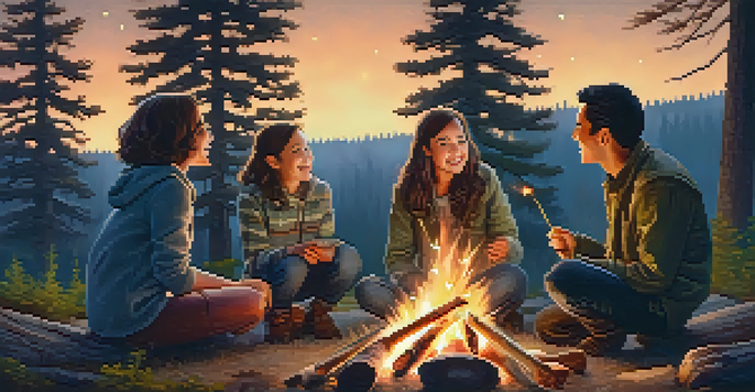 A family around a campfire, roasting marshmallows in a forest at dusk with tall trees and a starry sky.