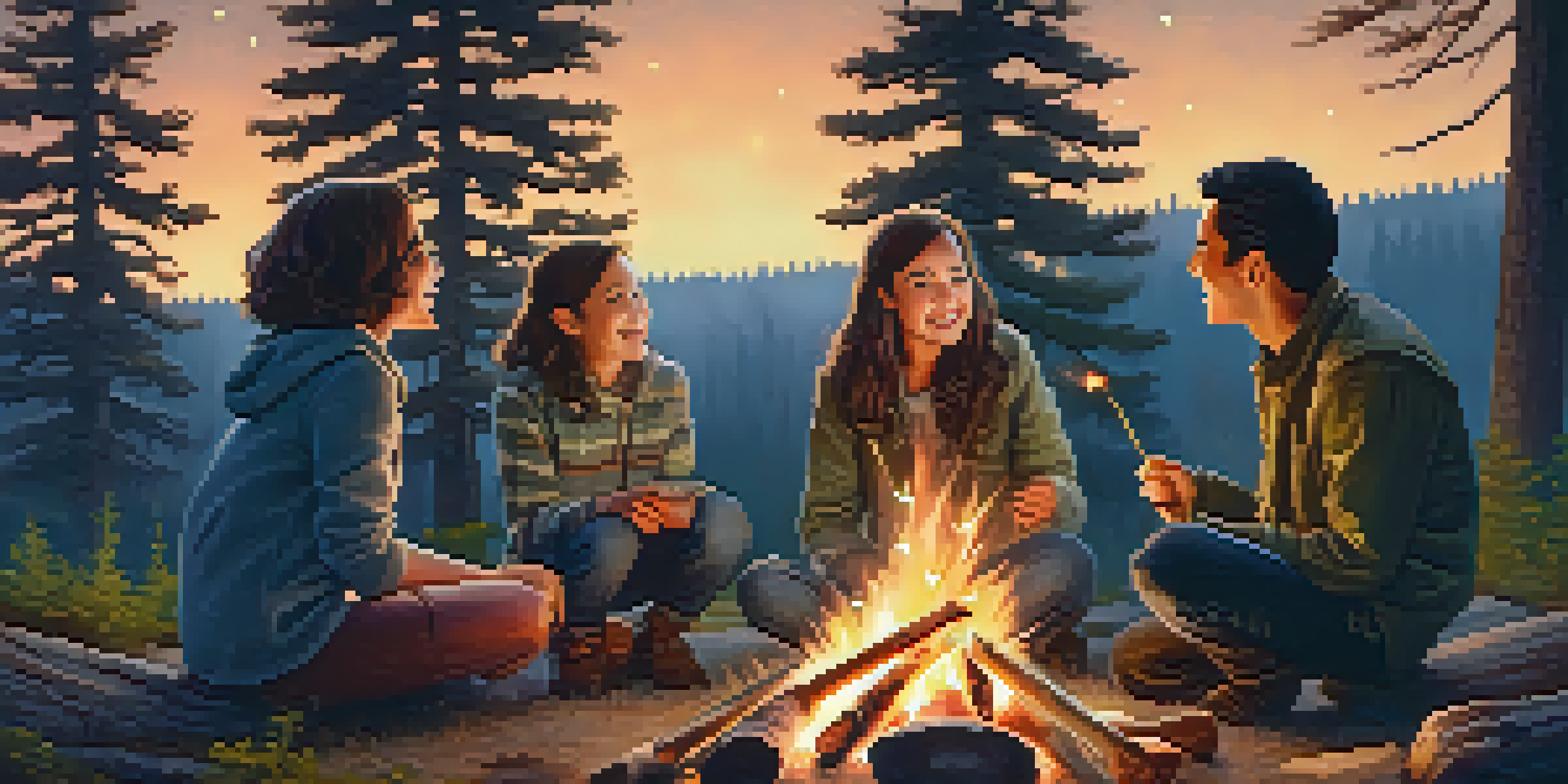 A family around a campfire, roasting marshmallows in a forest at dusk with tall trees and a starry sky.