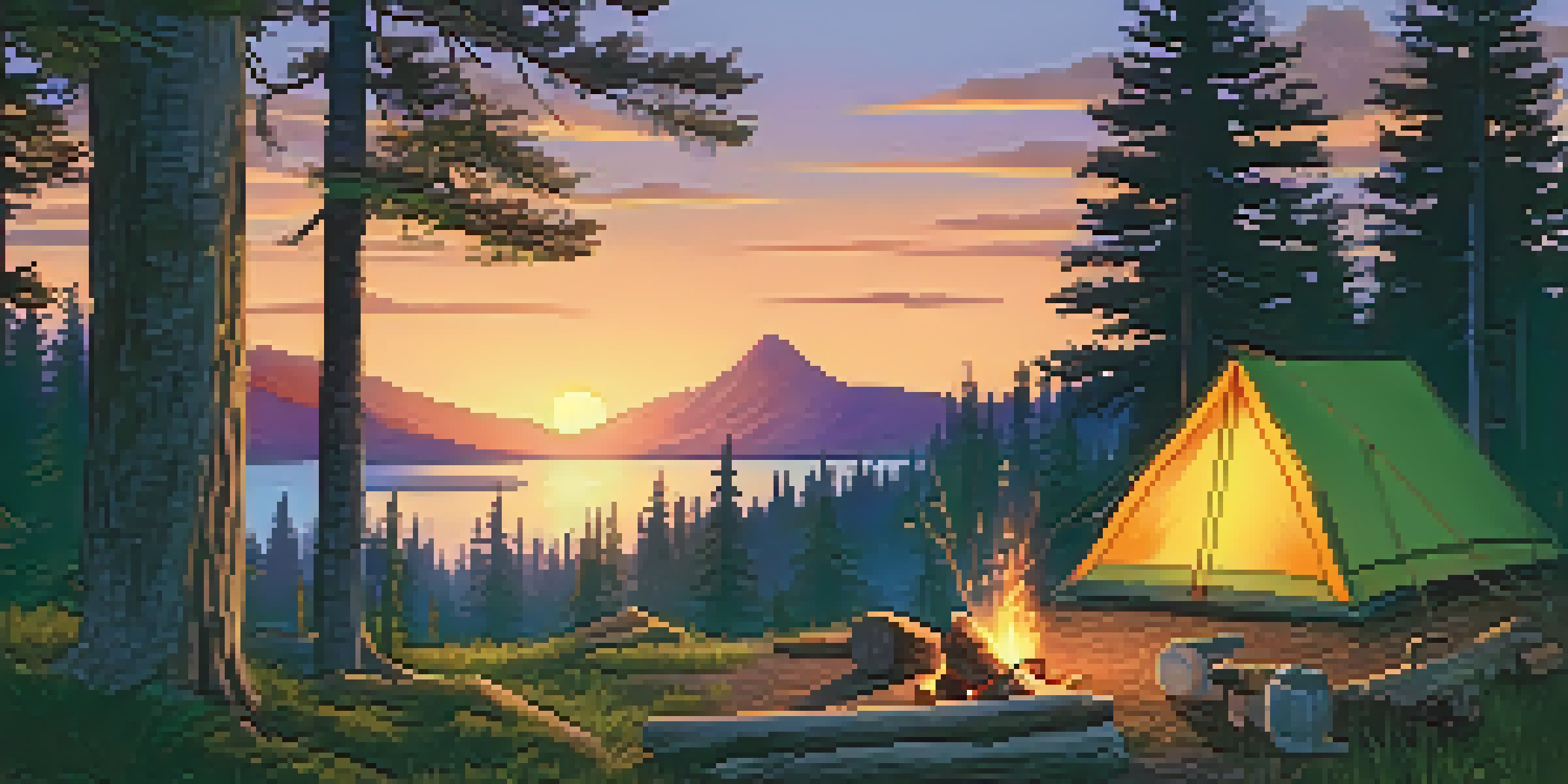 A peaceful campsite with a tent and campfire surrounded by pine trees at twilight.