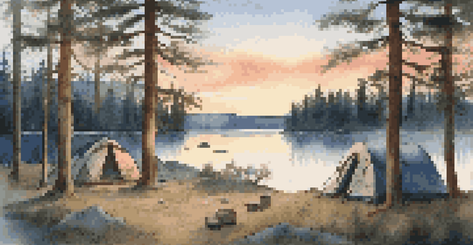 A peaceful camping site at dawn with a tent, campfire, and surrounding pine trees reflected in a calm lake.