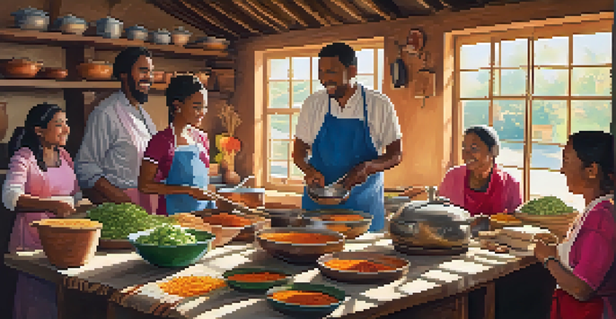 A diverse group of people cooking together in a rustic kitchen, surrounded by colorful ingredients and warm sunlight.