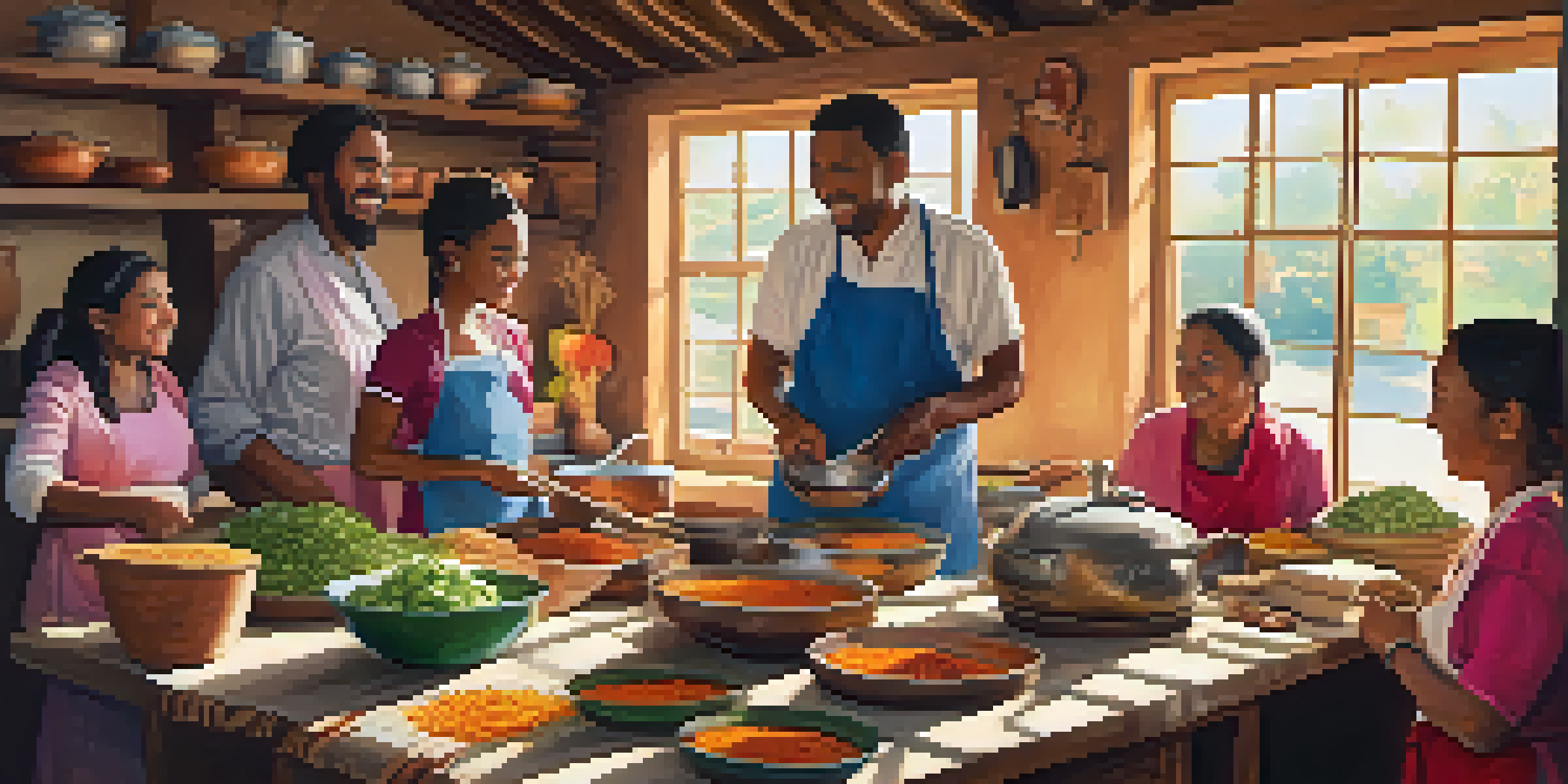 A diverse group of people cooking together in a rustic kitchen, surrounded by colorful ingredients and warm sunlight.
