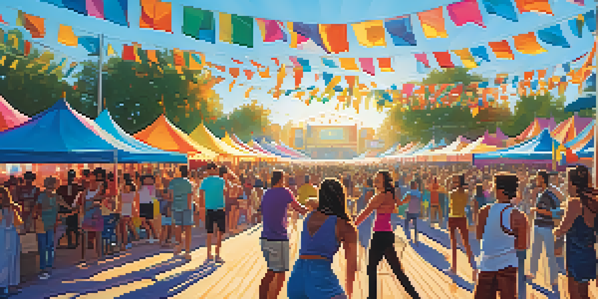 A lively outdoor music festival with diverse attendees dancing in front of a large stage, surrounded by colorful tents and food stalls under a bright blue sky.