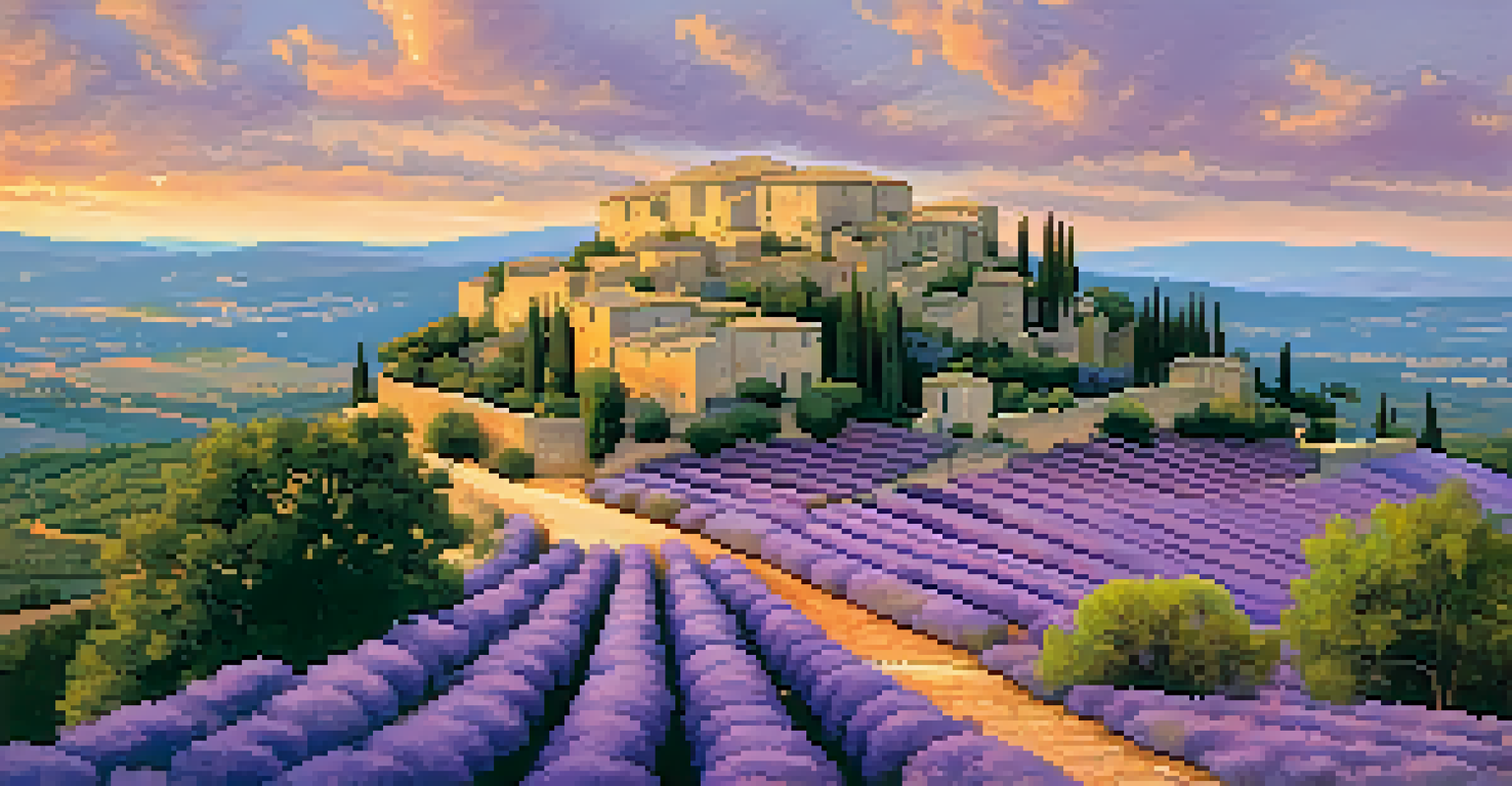 A sunset view from Gordes, Provence, with ancient stone buildings and lavender fields, illuminated in warm colors.