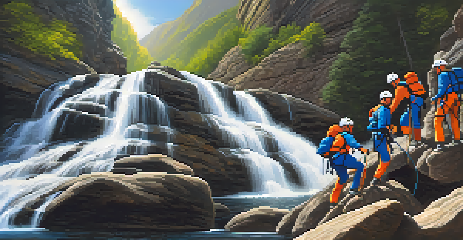 A group of canyoners climbing down a rocky terrain in a deep canyon with a waterfall in the background.