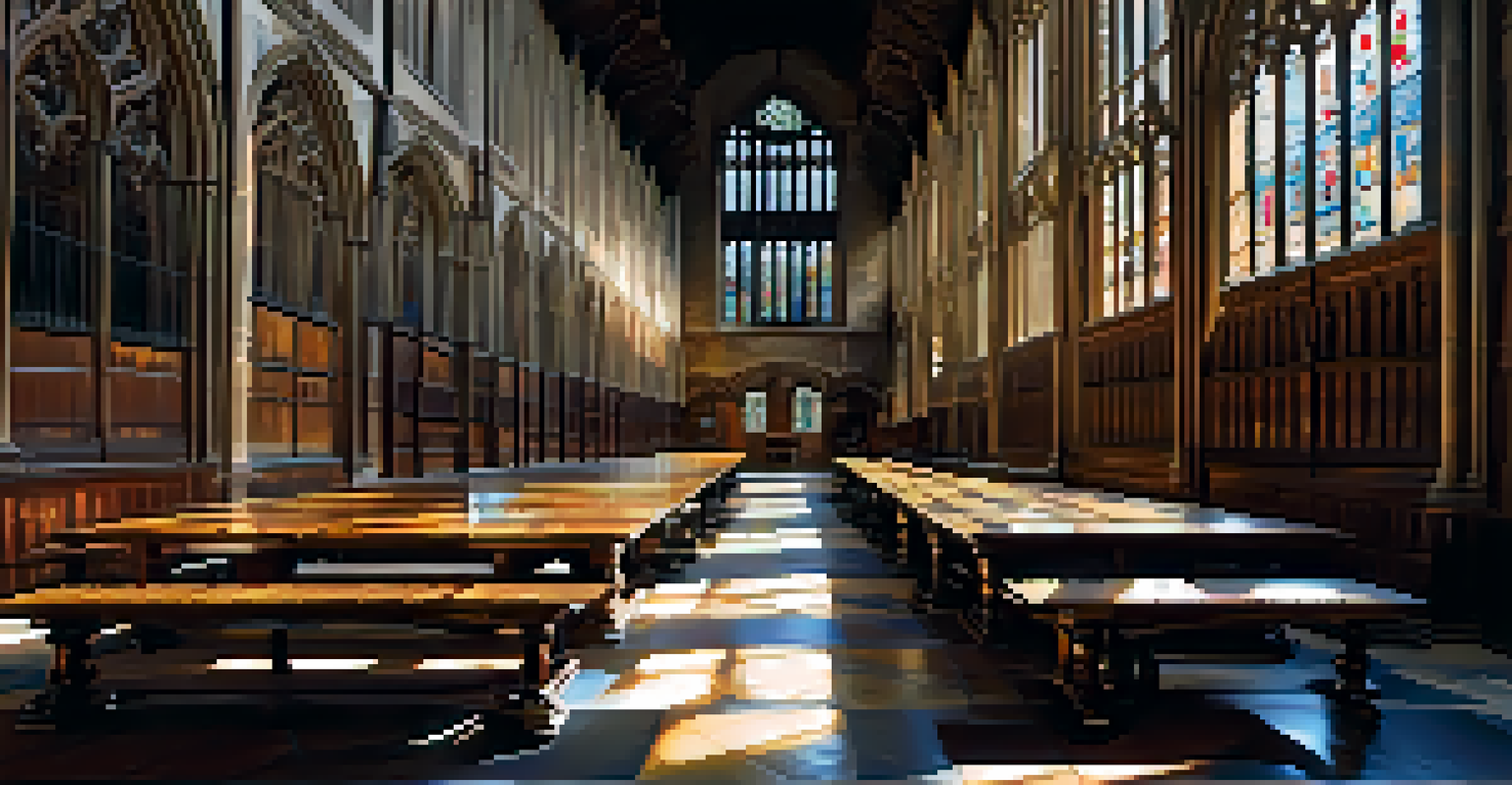 The Grand Hall of Christ Church College with long tables and beautiful stained glass windows, highlighting its historical significance.