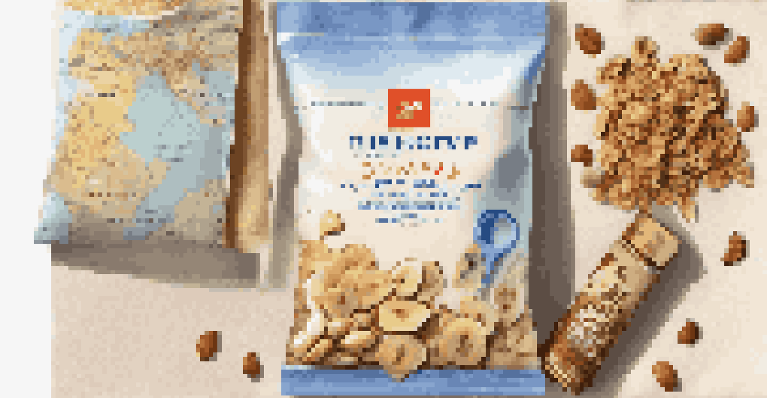 A travel snack bag filled with Low-FODMAP snacks like banana chips and nut butter packets, alongside travel essentials.