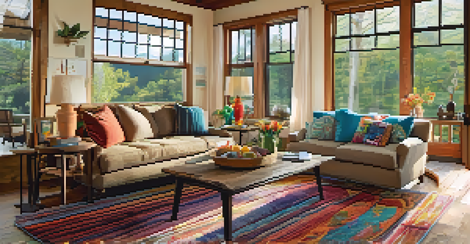 A warm and inviting living room of a vacation rental with a comfortable sofa, wooden coffee table, and bright artwork.