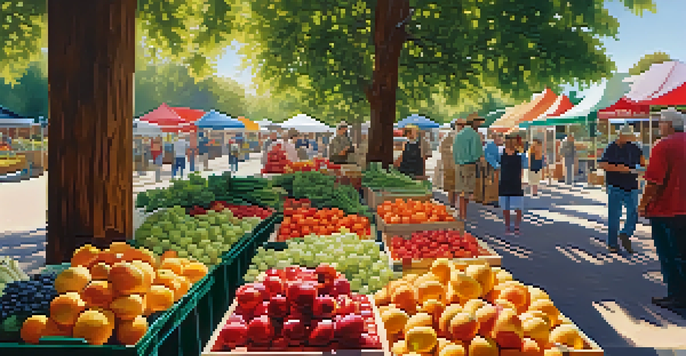 A lively farmer's market filled with colorful fruits and vegetables, with sunlight filtering through the trees and people interacting with local farmers.