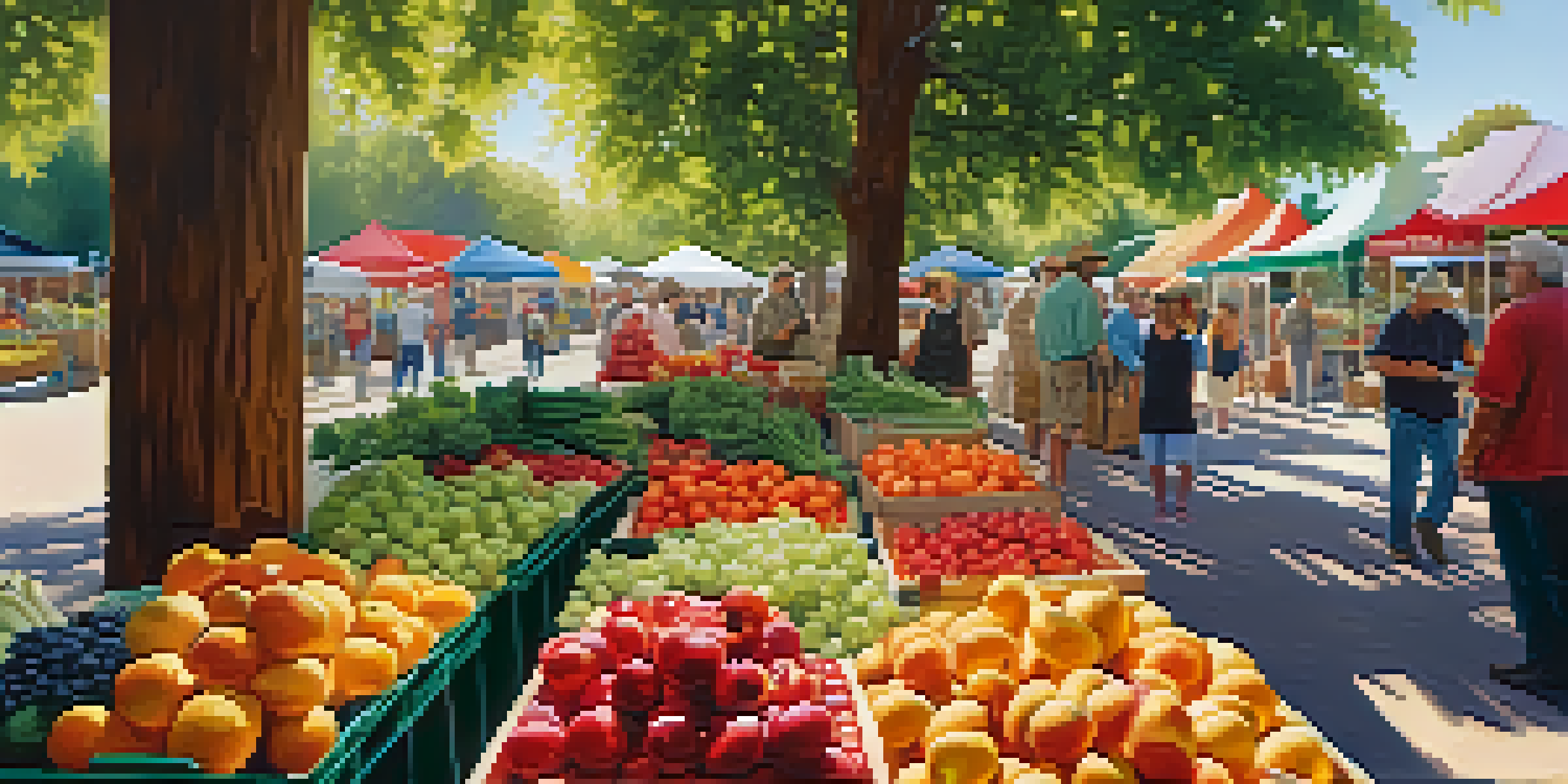 A lively farmer's market filled with colorful fruits and vegetables, with sunlight filtering through the trees and people interacting with local farmers.